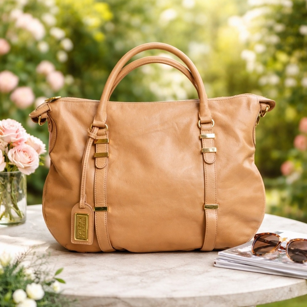 Badgley Mischka Tan Leather Satchel Handbag Gold Hardware Top‎ Handle Bag